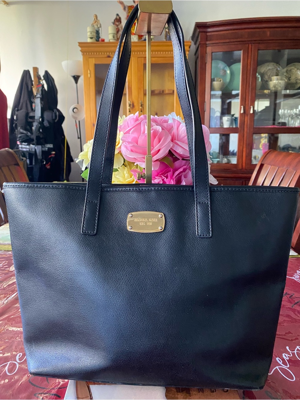 Michael Kors Black Leather Tote with Gold Plaque